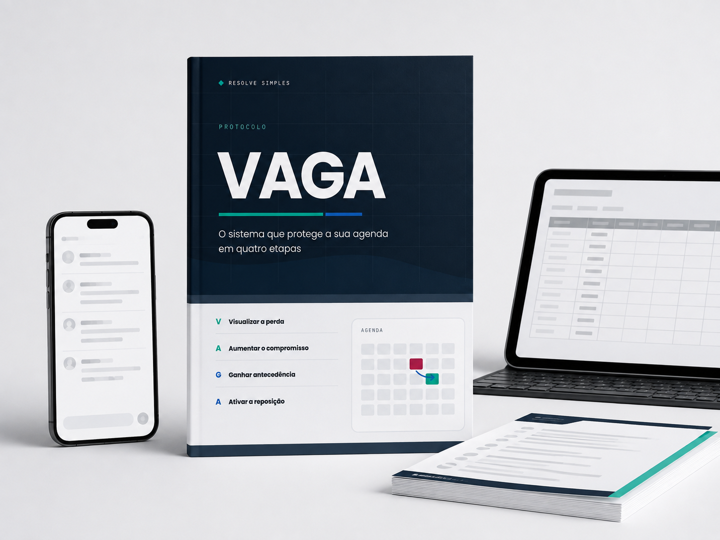 Protocolo VAGA — planilhas, mensagens prontas e guia de implantação, mostrados em notebook, celular e material impresso